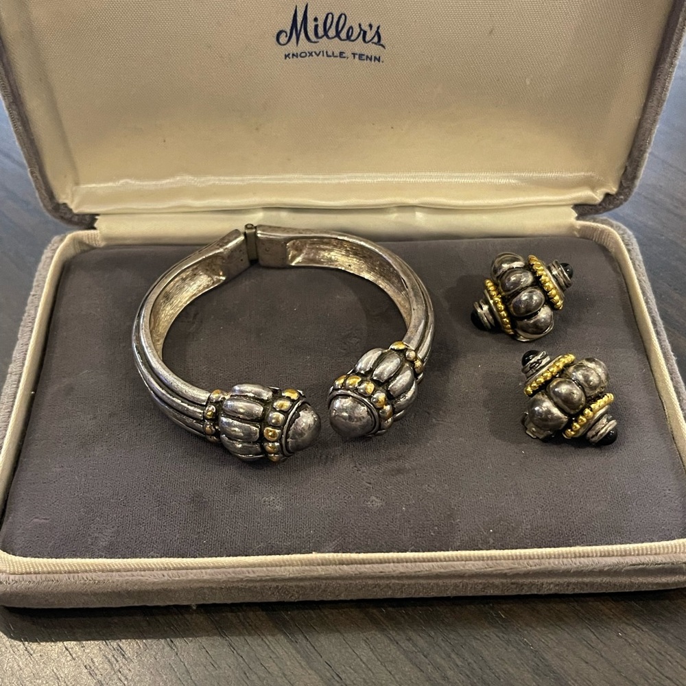 Vintage Silver and Gold Tone Hammered Clamper Bracelet w Earrings